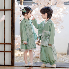 兒童漢服親子表演服女童中國風水墨旗袍連衣裙男童復古唐裝兩件套