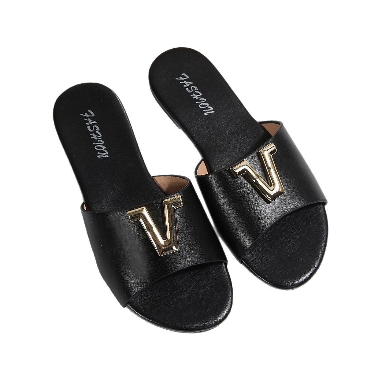 Sandalias Planas de Punta Redonda para Mujer de Cuero Sintético con Decoración de Metal Cómodas para Uso Casual