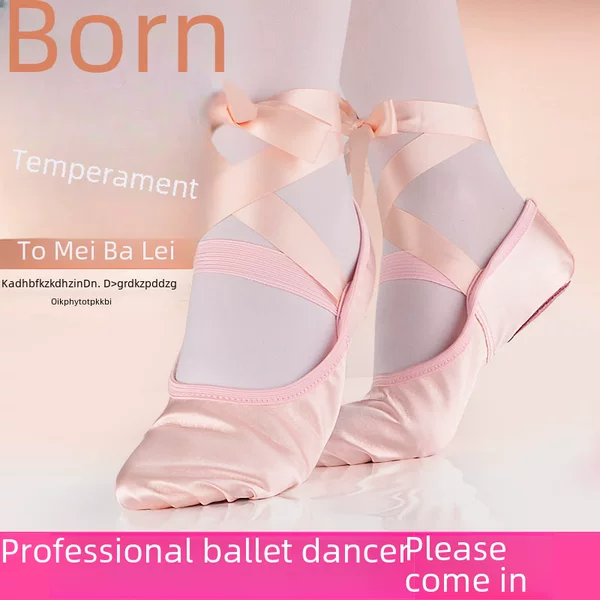 Ribbon ballet shoes toe indoor yoga practice shoes lace-up body shoes adult satin dance soft bottom two soles