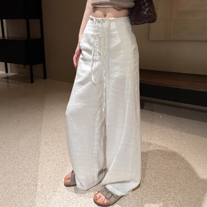 White Tencel Linen Narrow Wide-Leg Work Pants for Women, Summer and Autumn Thin High-Waisted Slimming Loose Drapey Floor-Length Trousers