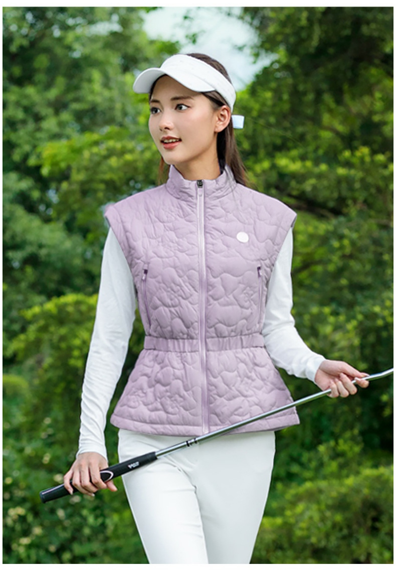 Áo vest khoác nữ thể thao golf chần bông cổ đứng khóa kéo — Áo vest trắng [eo có thể điều chỉnh/cổ áo đứng có khóa kéo/lót chần bông] YF856 chi tiết 15