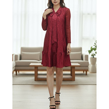 淑女风长袖系带蝴蝶结酒红色蕾丝连衣裙女温柔名媛质感裙