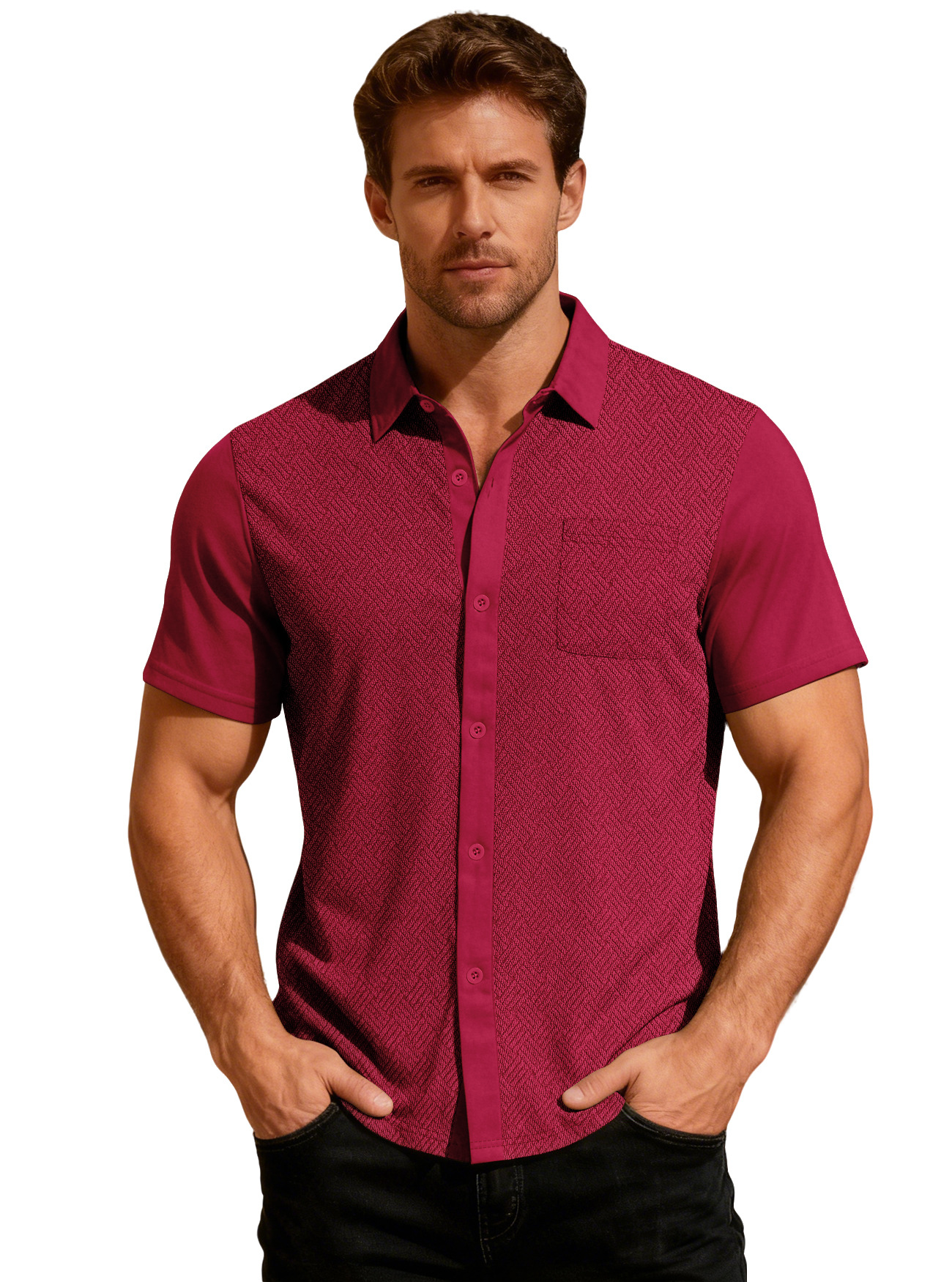 Europa y Estados Unidos ropa de hombre transfronteriza TK paleta de verano suelta con solapa transpirable Cardigan toalla jacquard camisa de hombre de manga corta