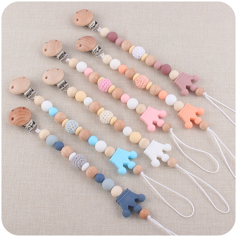 Nuevo bebé haya chupete clip de madera patrón hito tarjeta chupete cadena conjunto de dos piezas