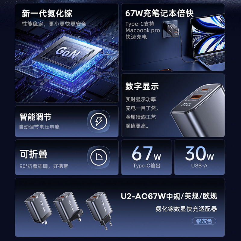 Remax 新しいデジタルディスプレイ携帯電話充電ヘッド 67 ワット超高速充電充電器マルチタイプ C ポート高速充電ヘッド|undefined