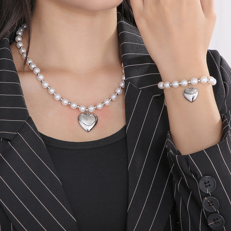 304 Stainless Steel Material Fashion Heart Shape Titanium Steel Beaded Pearl Plating Bracelets Necklace