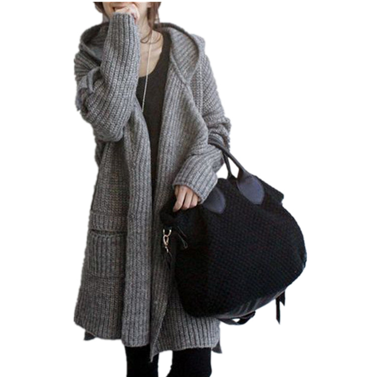 Damen-Cardigan mit Kapuze und Gürtel, locker, mittellang, grob gestrickt_voghion.com