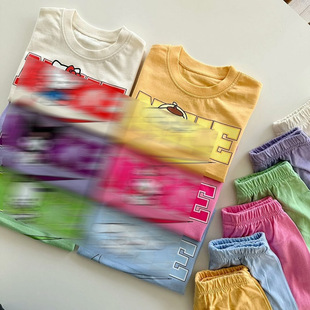 25 Summer New Cartoon Letters Children's suit Printed T-Shirt Korean Wide Short-sleeved Cotton Class A Brother and Sister Wear
