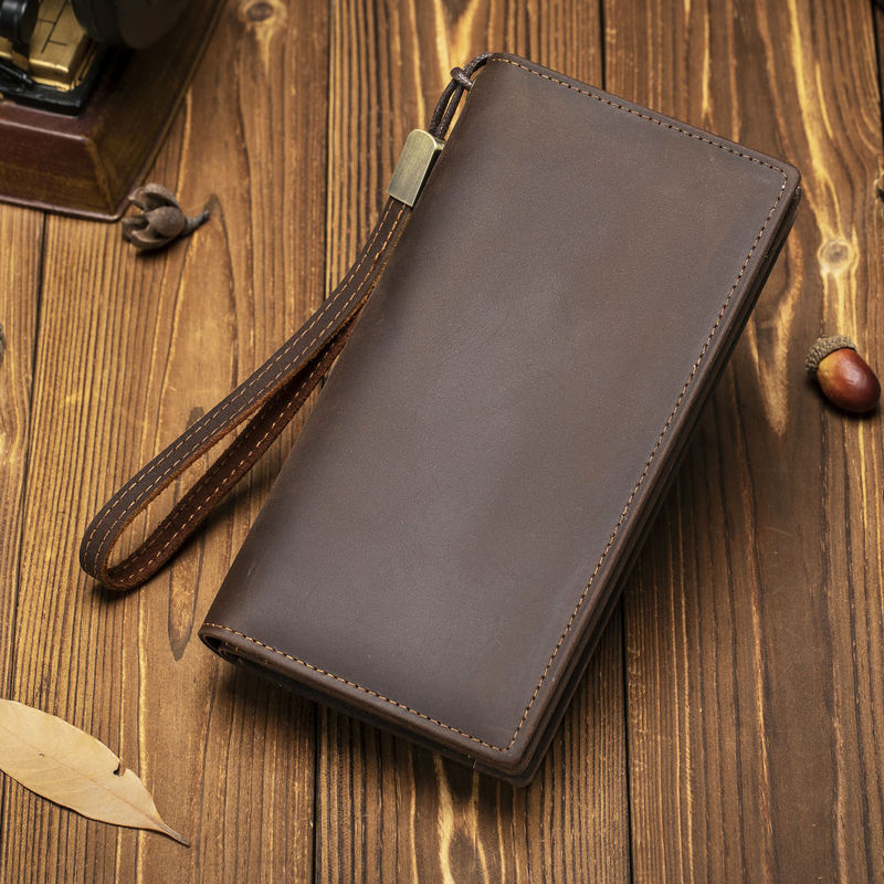 New Men's Clutch Crazy Horse Leather Long Wallet Douyin Zipper Business Clutch Bag Genuine Leather Clutch Bag for Men