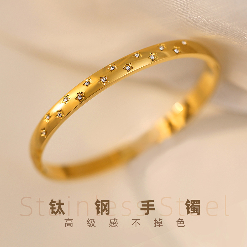 Manufacturer Cross-Border Wholesale 18K Gold High-End Diamond-Encrusted Women's Titanium Steel Non-Fading Jewelry Baby's Breath Titanium Steel Bracelet