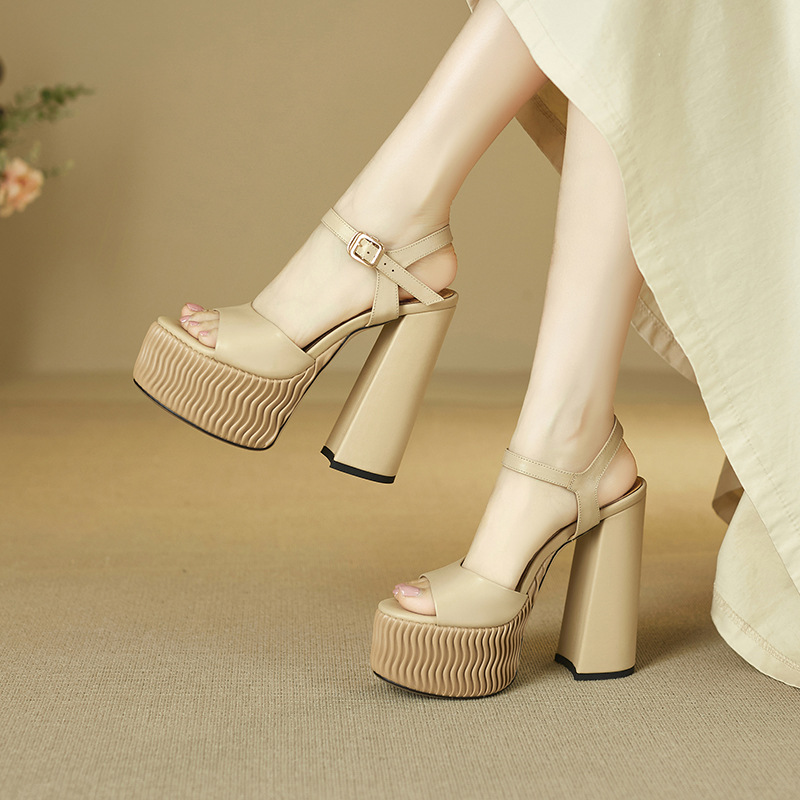 Sandal cao gót nữ quai ngang miệng cá đế xuồng 15 cm da thật — Màu đen