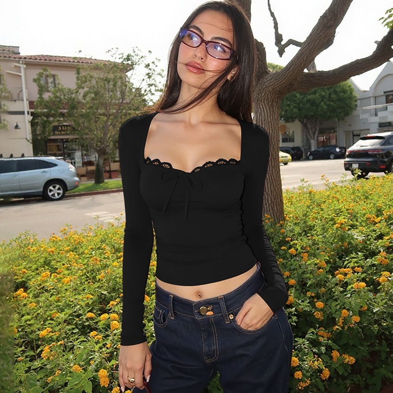 欧美女装蕾丝花边打底衫女2025秋季新品时尚辣妹紧身显瘦上衣批发|undefined