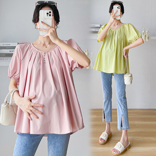 Real shot in stock 2023 summer maternity clothes Korean style fashionable simple fresh loose mid-length maternity top