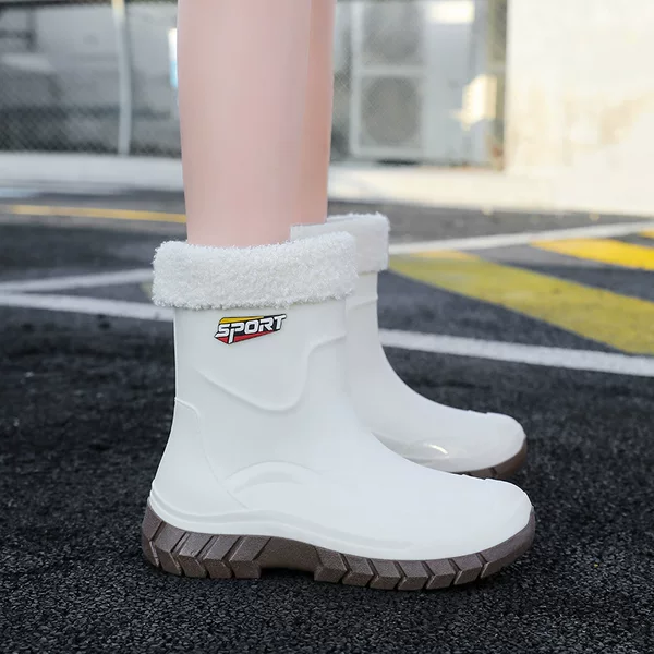 Women's Velvet Rain Boots, Waterproof and Non-Slip Mid-Calf Rain Boots, Women's Fashionable Outer Rubber Shoes, Winter Warm Water Shoes