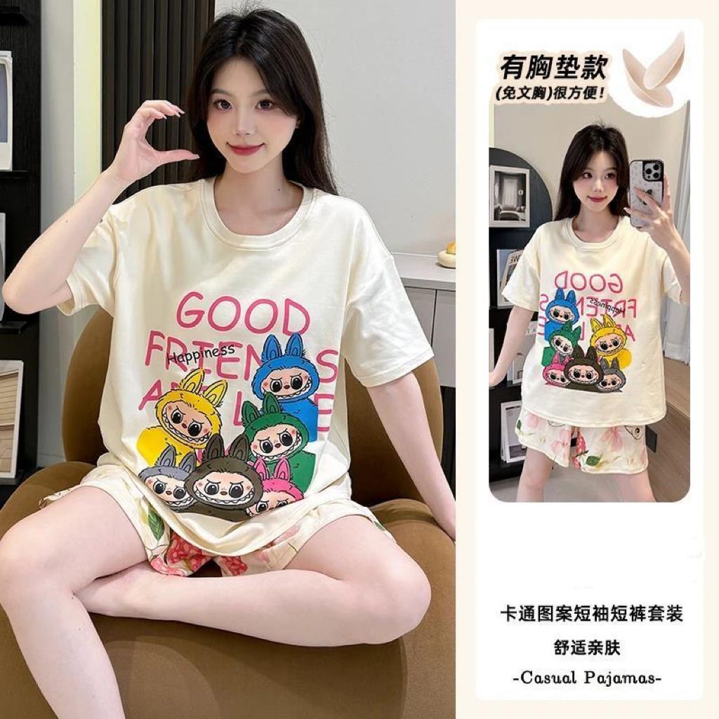 Venta al por mayor transfronteriza Yunduo Almohadilla de algodón Pijamas Pantalones cortos de manga corta para mujer Traje de servicio a domicilio de verano Ropa exterior informal