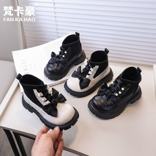 Girls' Bow Socks Princess Boots 2024 Autumn New Korean Style Children's Fashionable Ankle Boots for Middle and Big Children