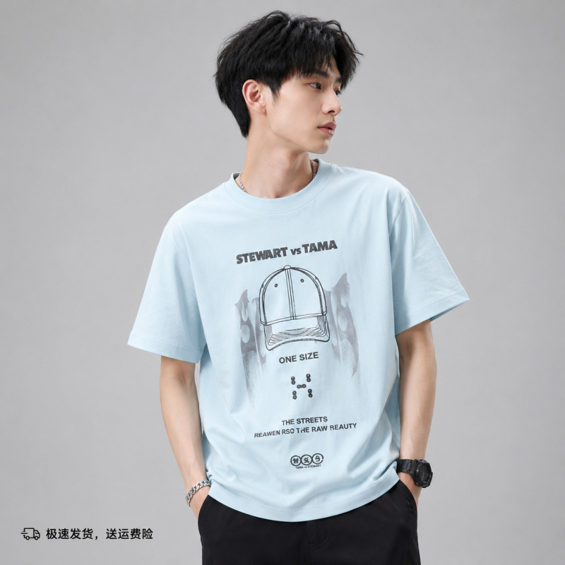 Short-Sleeved T-Shirt for Boys, New Summer Style, Trendy Hat Print, Cool-Feeling T-Shirt, Half-Sleeved Top for Teenagers