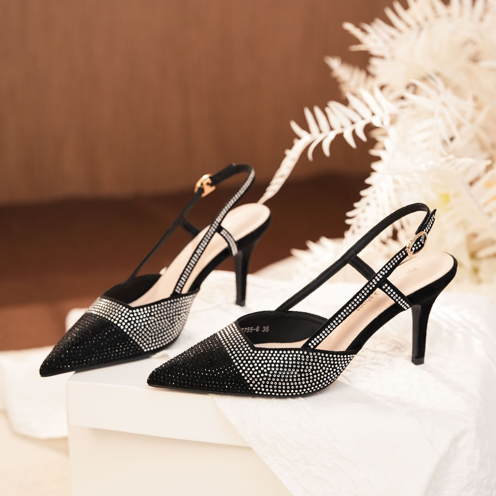 7755-6 Rhinestone Studded Open Back Sandals With Heel Cover, Shiny High Heels, Thin Heels For Commuting, Professional,_voghion.com