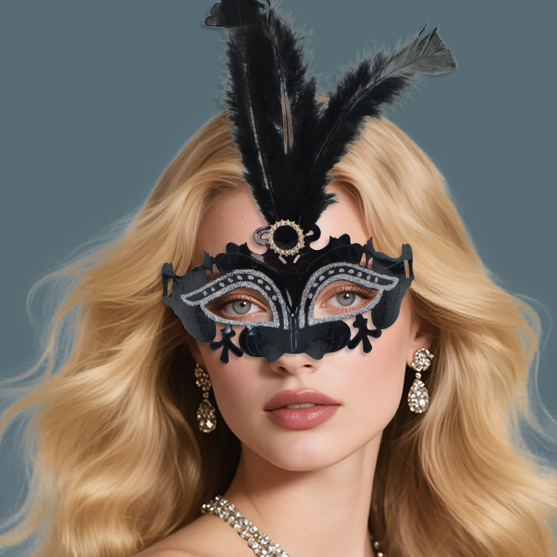Máscara de media cara, máscara de ojos de carnaval, plumas de hada, decoración de diamantes de imitación electrochapados, accesorio para fotos de influencer estilo INS