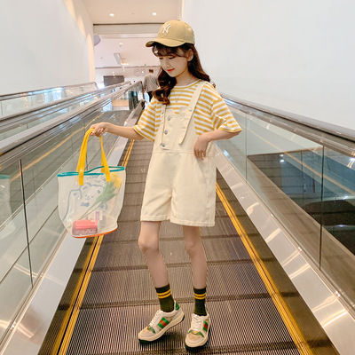 女童套裝夏裝2021新款韓版洋氣兒童裝時髦中大童夏季背帶褲兩件套