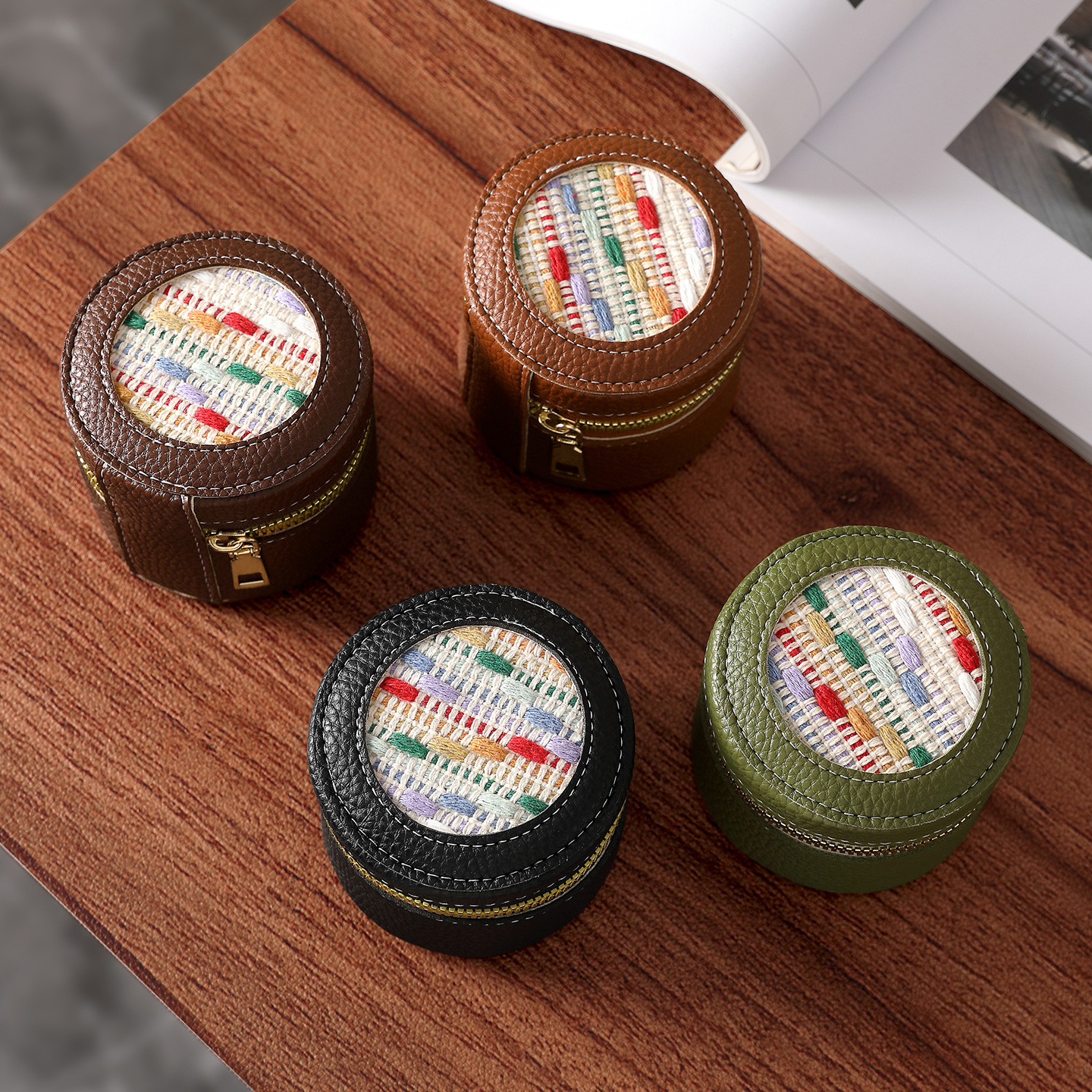Bolsa de maquillaje de cuero retrógrado, bolso de cambio de lápiz labial, bolso de viaje portátil, barril de almacenamiento personalizado, mini bolso de cambio redondo