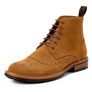 Men's Boots Fur Cowhide Brogue Carved Martin Boots Men's Genuine Leather Round Toe High-Top Frosted Tooling Boots