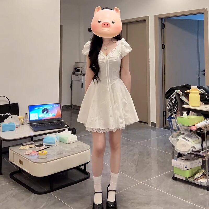 夏季2025新款掐腰爆款独特漂亮白色连衣裙女小个子蕾丝边蓬蓬短裙|undefined