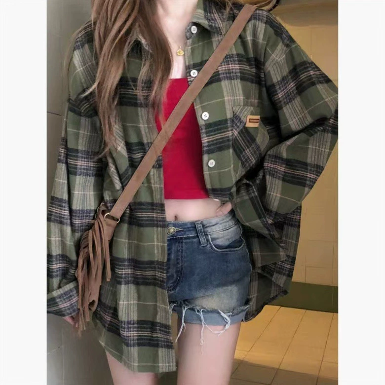 Корейский стиль ленивый ретро колледж 2025 лето и осень новая темно-зеленая клетчатая рубашка с длинным рукавом универсальная свободная куртка