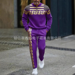 2025新款跨境亚马逊男士圆领3D印花休闲运动时尚长袖长裤套装