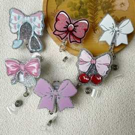 跨境樱桃闪粉亚克力鳄鱼夹拉线器医护证件夹子易拉扣听诊器蝴蝶结