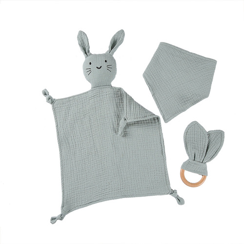 Amazon Baby Pure Cotton Gauze Animal Soothing Towel and Bib Set with Beech Wood Rabbit Ear Teether - 3-Piece Set