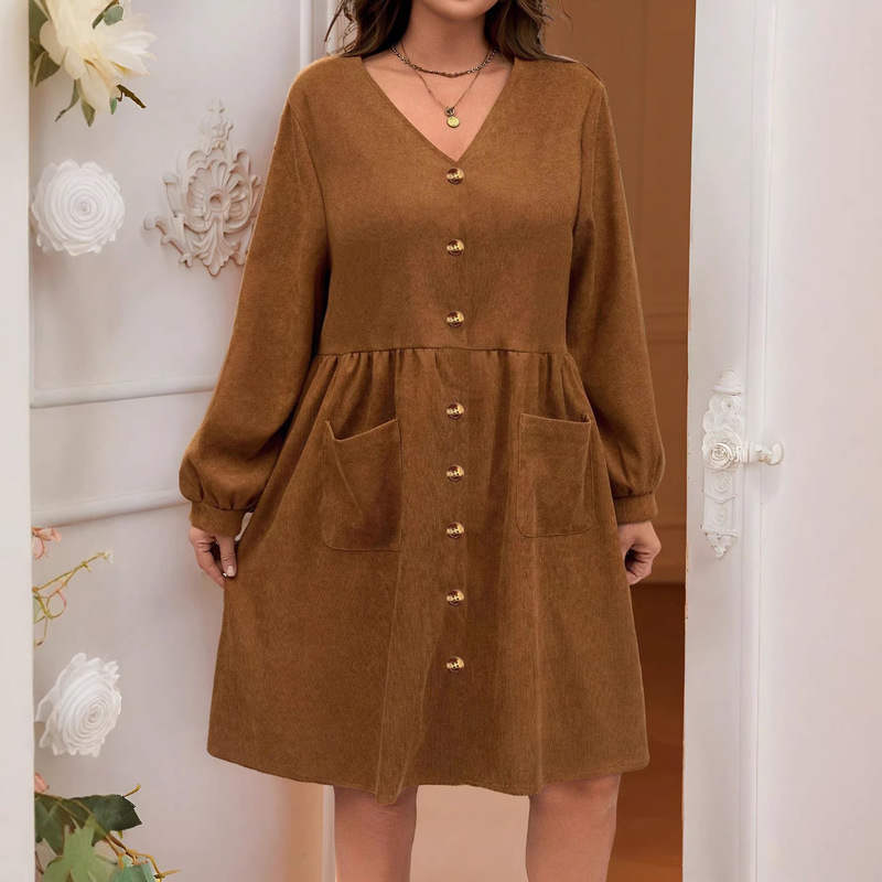 Vintage Caramel-Colored V-Neck Corduroy Dress, Single-Breasted Waist-Cinching Short Dress with Large Pockets, Cross-Border Women's Fashion for Autumn and Winter