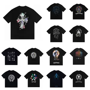 เสื้อยืดแขนสั้นพิมพ์ลายครอส ใส่ได้ทั้งชายและหญิง ทรงหลวม สไตล์สตรีทแวร์ เสื้อแขนยาวครึ่งตัวอเนกประสงค์ แฟชั่นไฮสตรีทแบบอเมริกัน