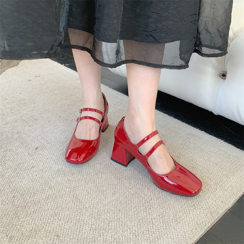 Mary Jane – talons hauts épais à Double sangle pour femmes, simples, à tête carrée, petits rouges, saison printemps et automne 2024_voghion.com