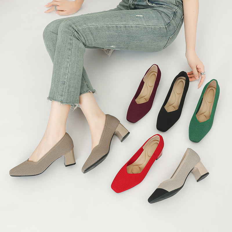 Japanese-Style Princess Shoes for Women, Square Toe, Chunky Heel, Fly-Knit Shoes, Comfortable and Breathable, Commuting High Heels, Breathable Style, Comfortable and Versatile