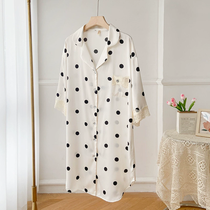 Женская летняя тонкая пижама из ледяного шелка, Высококачественная кружевная ночная рубашка в горошек, милая верхняя одежда, домашняя одежда