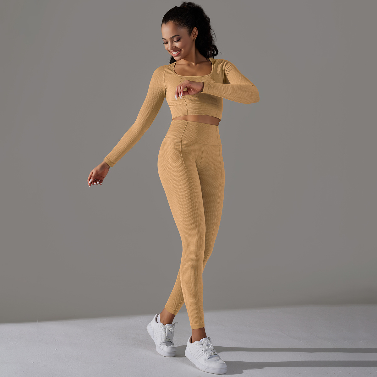 Women's Jacquard Yoga Dress Long Sleeve Suit High Waist Hip Tights Fitness Sportswear_voghion.com