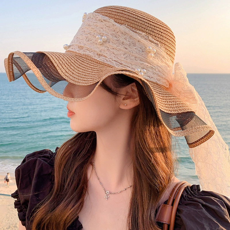 Wavy fresh cute big sun hat solar-powered with bow, wholesale
