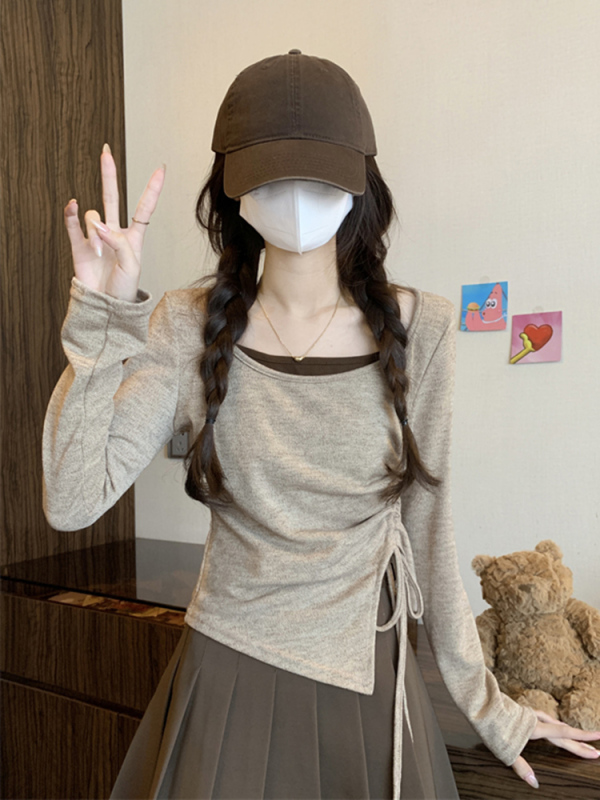 不规则假两件打底衫女早秋仿皮草内搭短款毛衣浅色miu小个子上衣|undefined