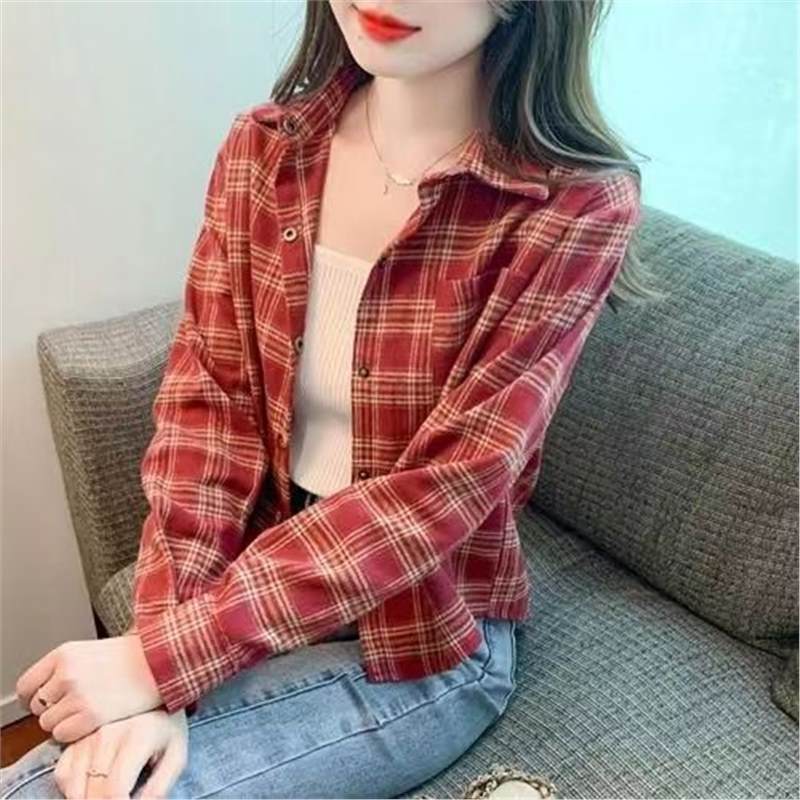 磨毛格子衬衫女款外套小个子春秋2025新款设计感小众复古短款衬衣