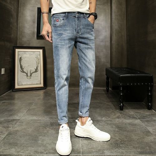 Men's Summer Jeans Trendy Slim Straight Leg Korean Style Casual 9-inch Elastic Pants