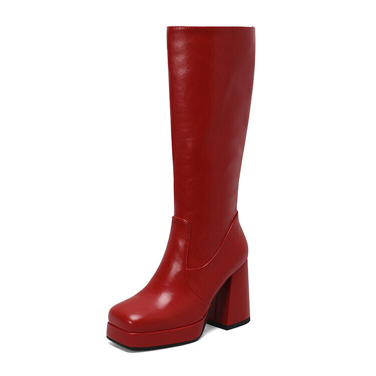 Simple square thigh-high boots waterproof platform thick heels high heels side zipper boots for women_voghion.com