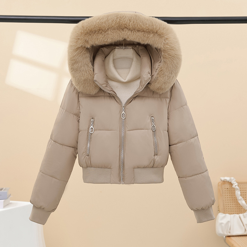 2025 invierno nuevo cuello de lana casual versátil ropa de algodón mujer con sombrero corto abrigo de algodón con sombrero nuevo abrigo