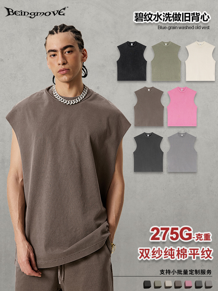 2025 verano americano retro hacer viejas camisetas sin mangas de alta calle Batik hombre chaleco de hombro de cuello redondo hombre y mujer pareja