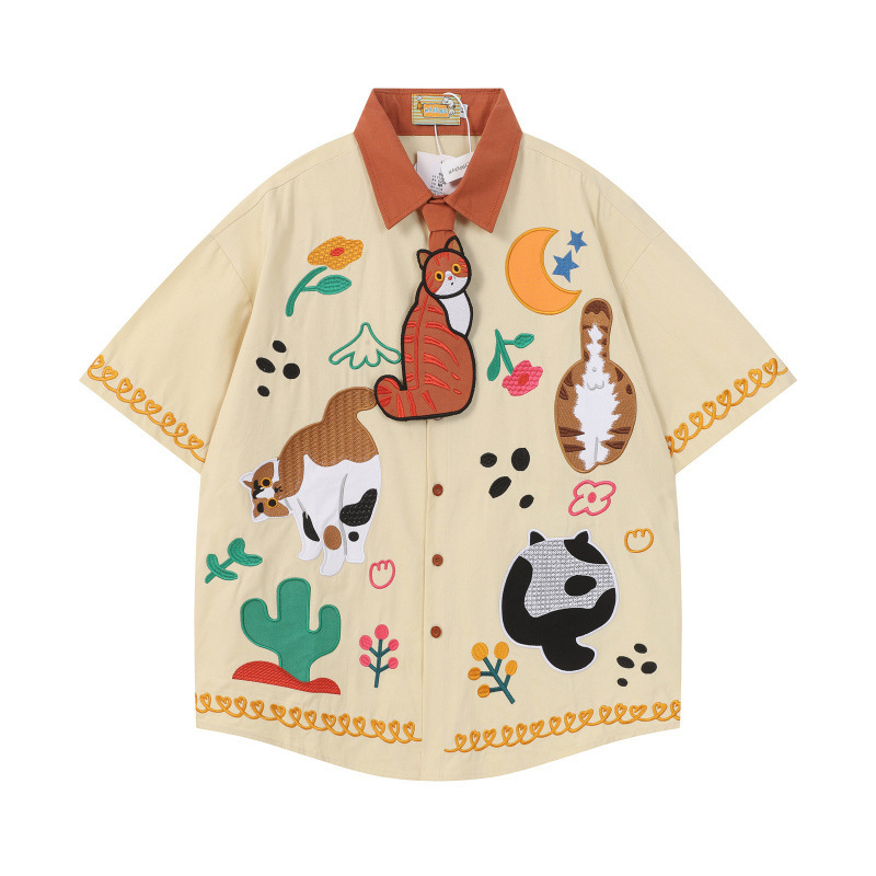 Summer New Korean Style Color-Blocked Embroidered Kitten Tie Short-Sleeved Shirt for Men and Women, Loose and Versatile Casual Shirt T-Shirt Summer New Korean Style Color-Blocked Embroidered Kitten Tie Short-Sleeved Shirt for Men and Women, Loose and Versatile Casual Shirt T-Shirt