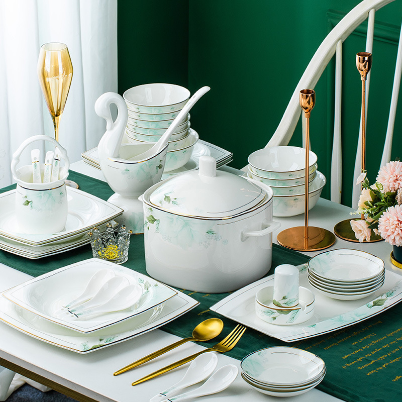 Jingdezhen Bone China Dinnerware Set Bowls and Plates Household Ceramic European-Style Bowls and Plates Chopsticks Gift Complete Set Wholesale