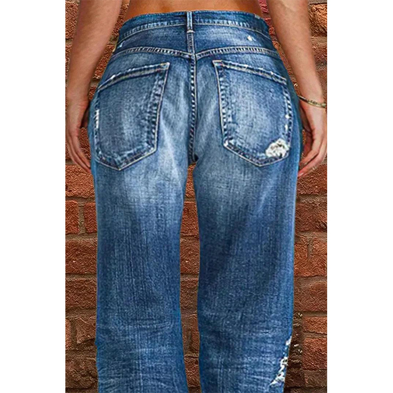 Cross-Border Foreign Trade Women's Denim European And American Trend Mid-Waist Ripped Casual Straight Pants Factory_ecoleips.com