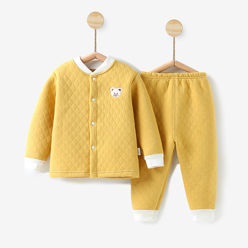 Baby quilted thermal underwear set, thickened baby autumn clothes and long pants, pure cotton children's pajamas, boys and girls, autumn and winter