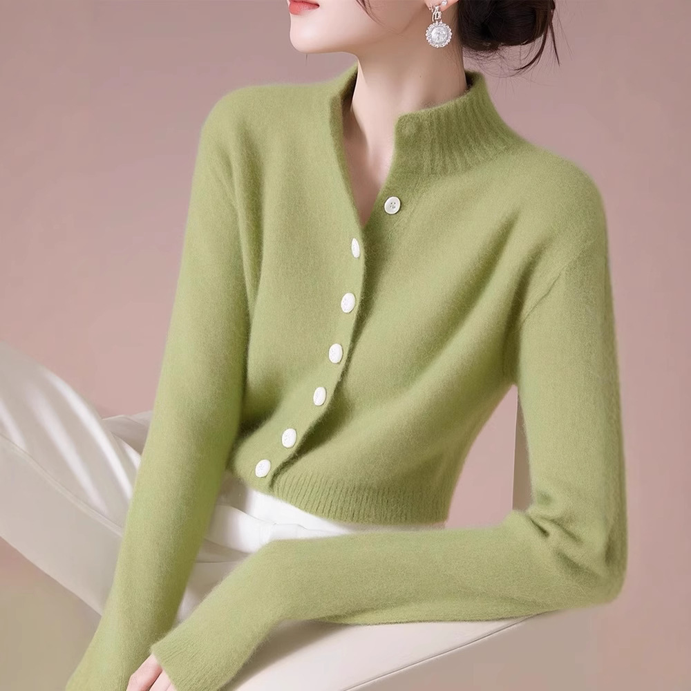半高领绿色软糯针织开衫女秋冬新款别致内搭毛衣慵懒长袖打底上衣