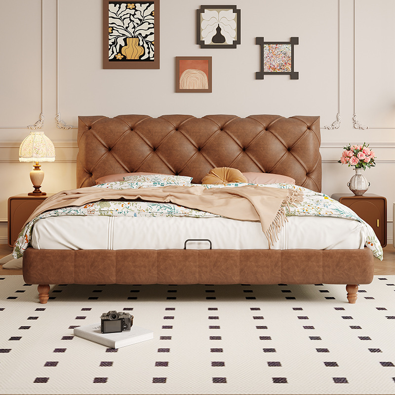 中古風真皮床軟包雙人床主臥輕奢家用可儲物婚床